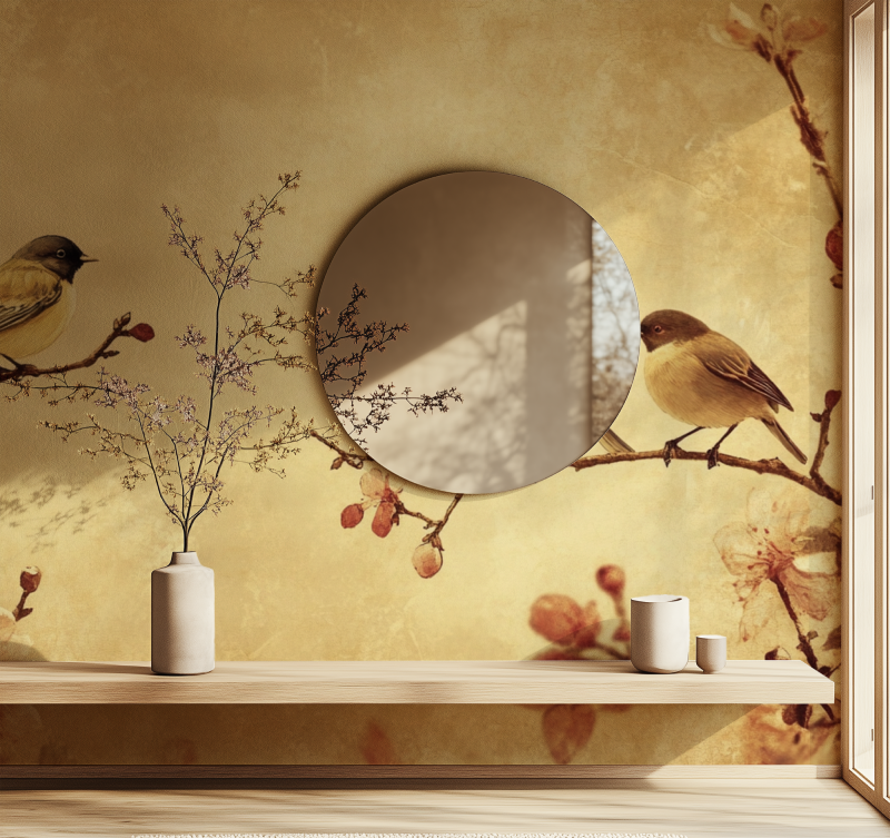 Papier peint vintage fleur et oiseau miroir