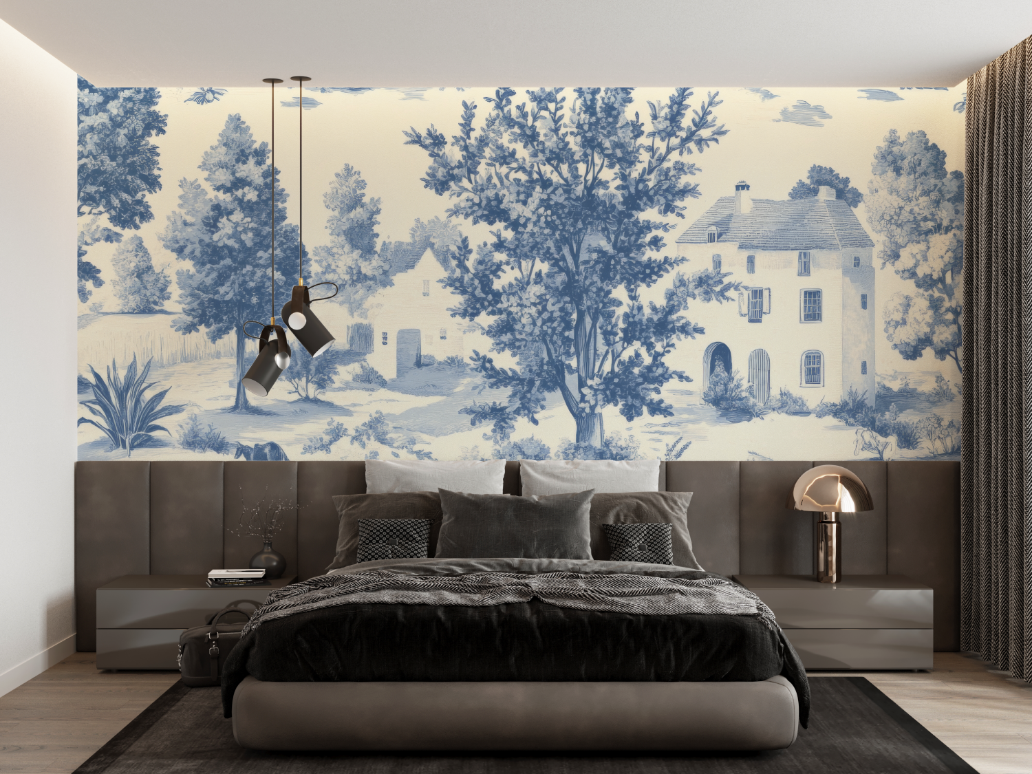 Papier Peint Toile De Jouy Bleu Art - tapisserie