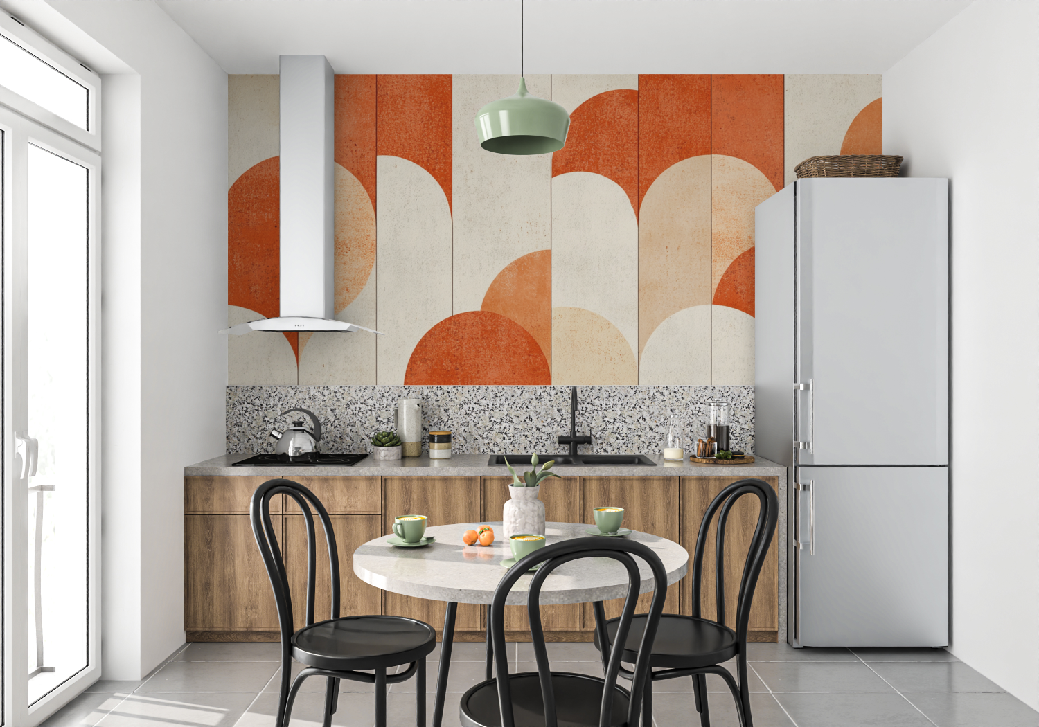 Papier peint terracotta esprit scandinave mur cuisine