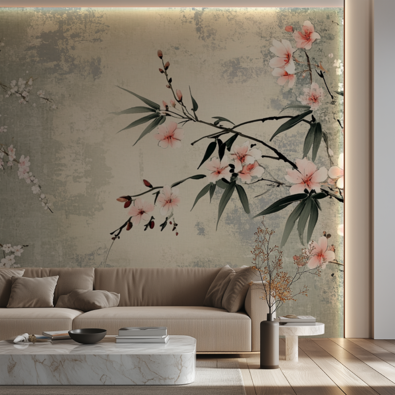 Papier peint fleur japonisant canape neon
