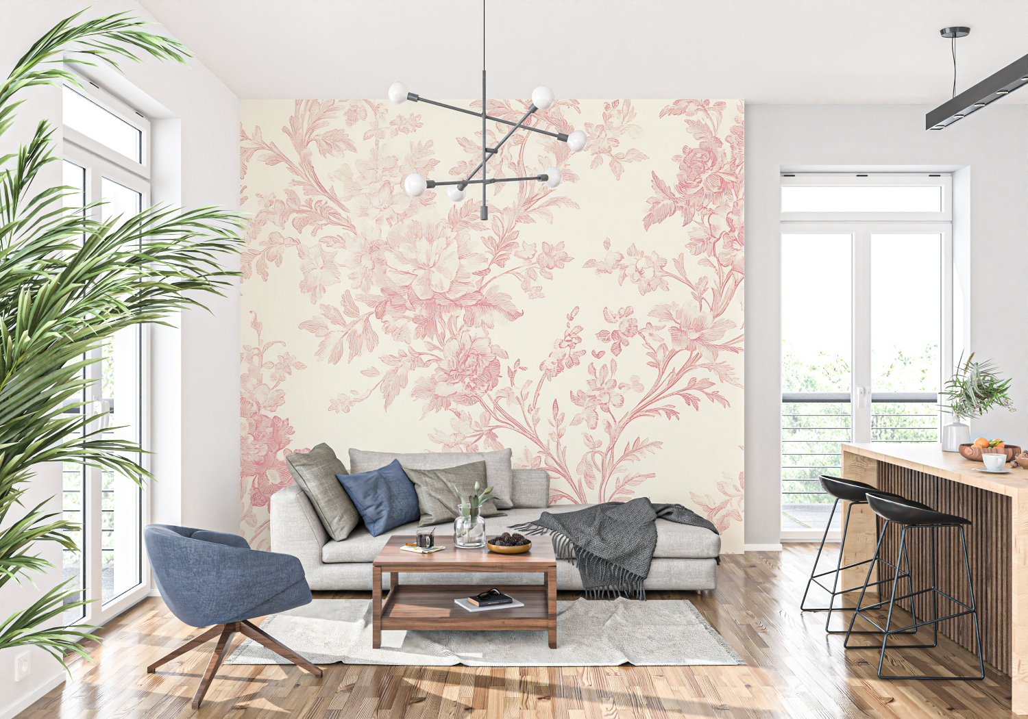 Papier Peint Imitation Toile De Jouy Rose - trompe l'oeil