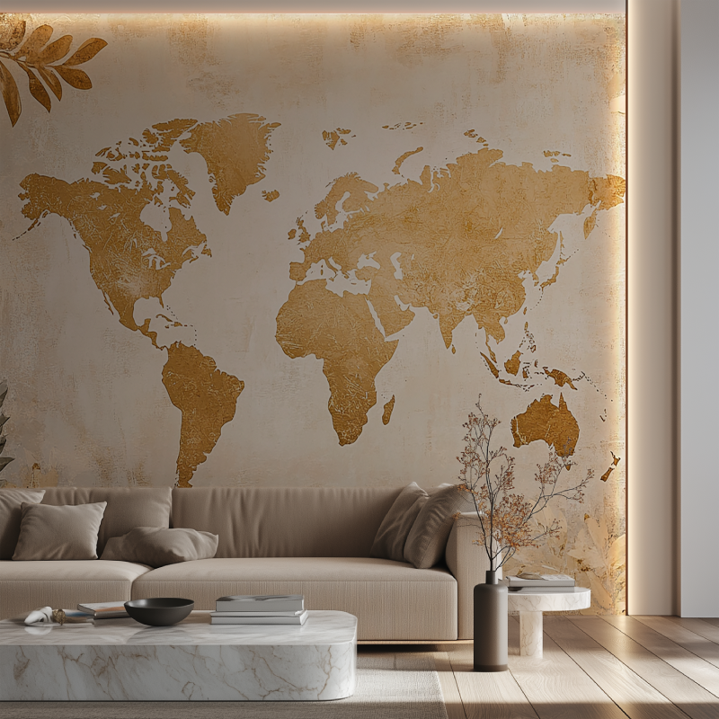 Papier peint carte du monde dore feuillage canape neon