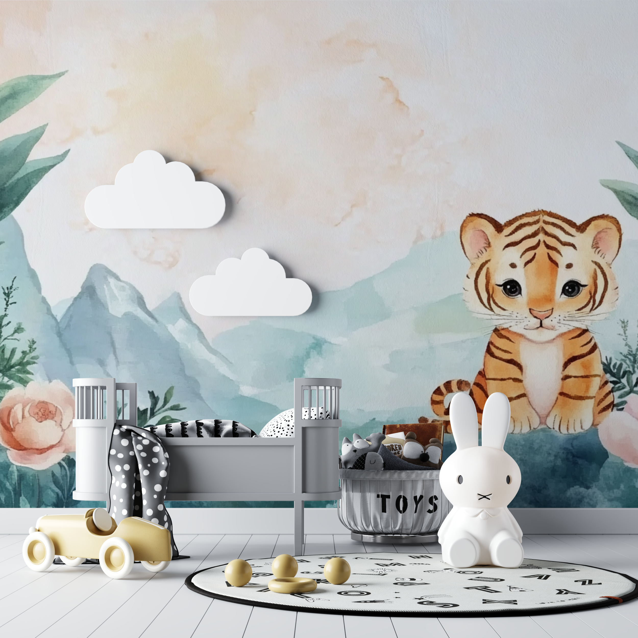 Papier peint tigre et paysages doux bebe tipi