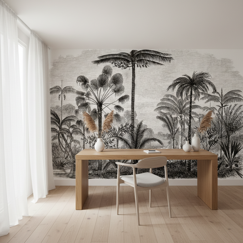 Papier Peint Décor Tropical Noir et Blanc