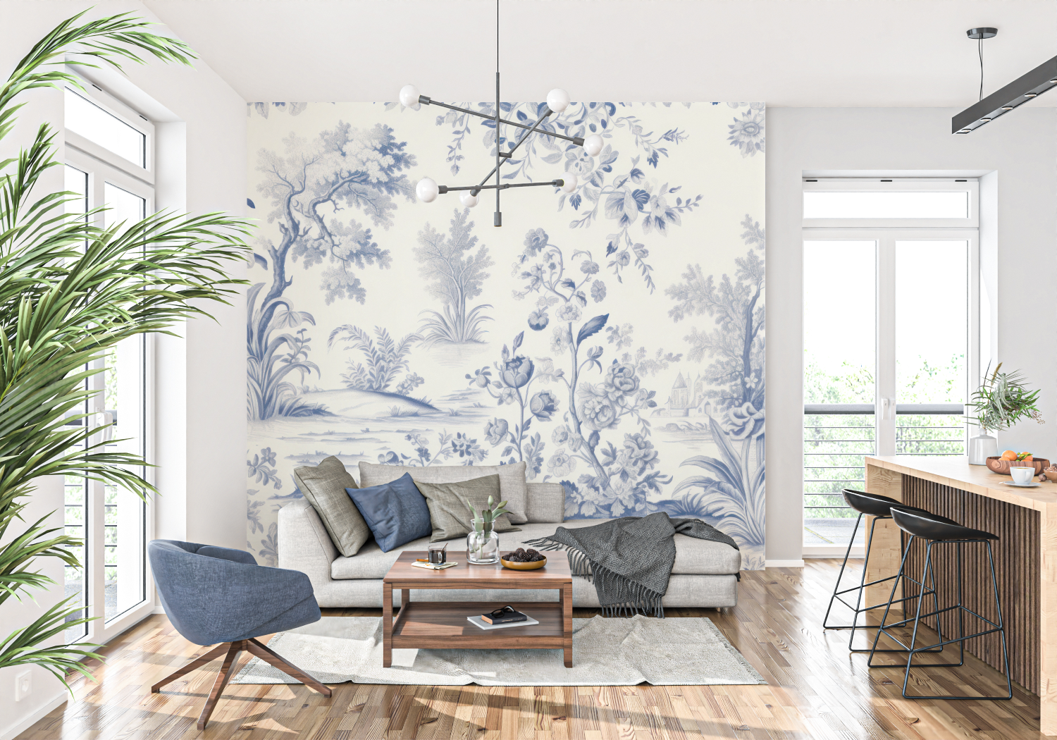 Papier Peint Toile De Jouy Bleu - panoramique tendance