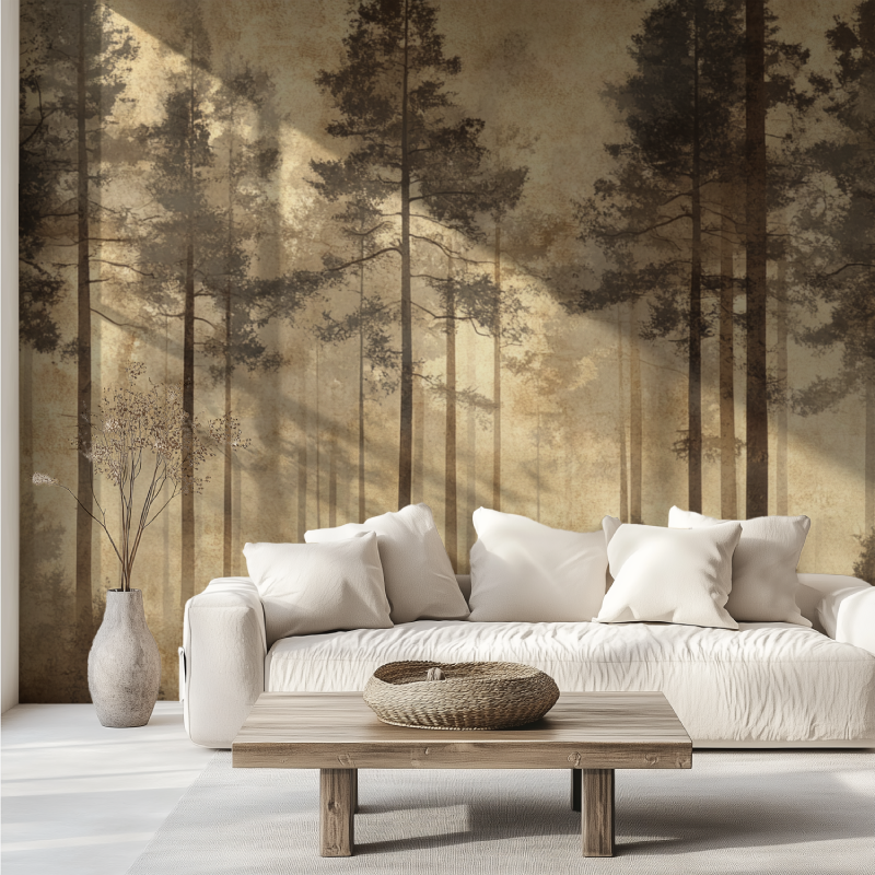 Papier peint arbre brun canape tendance