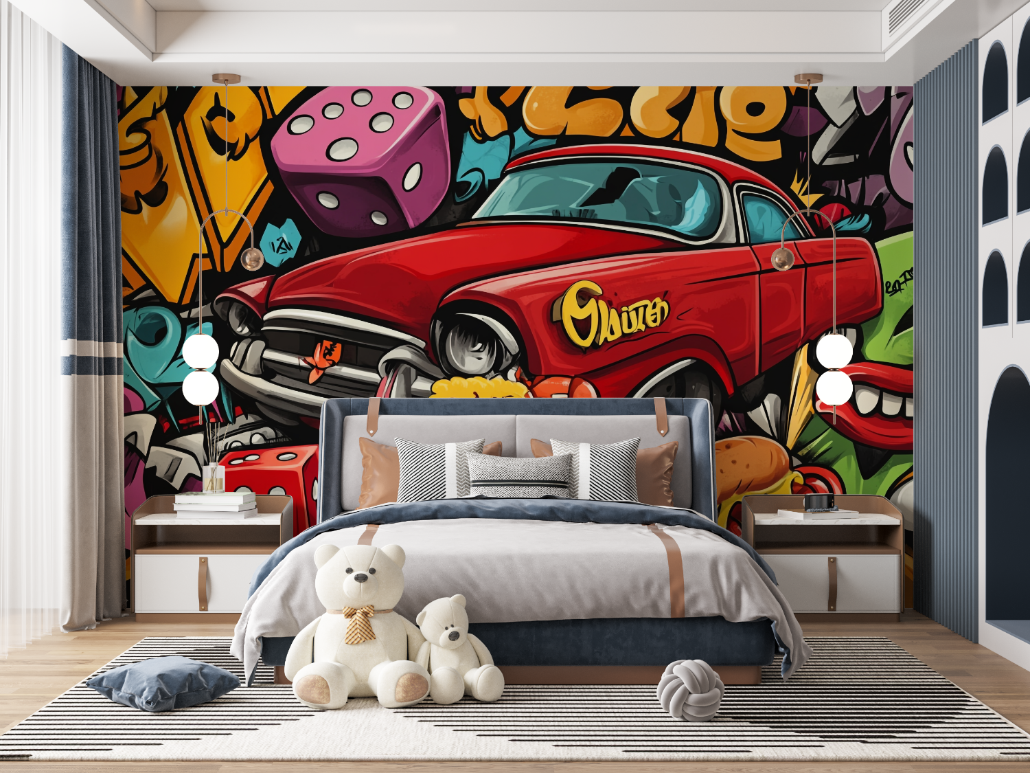 Papier peint graffiti voiture ancienne mur panoramique