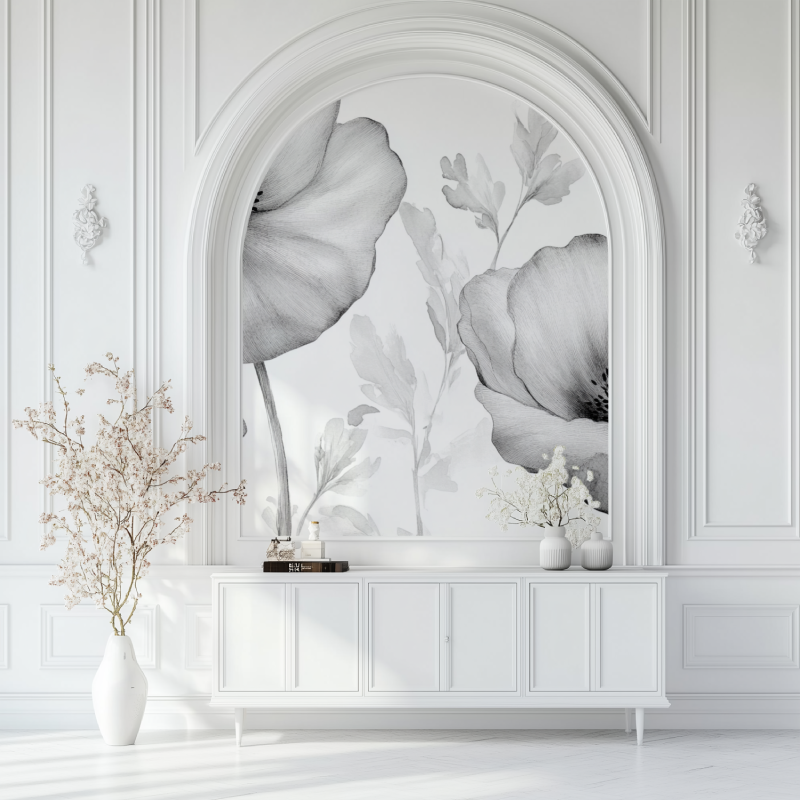 Papier peint fleur gris salon blanc