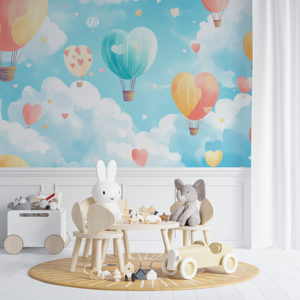 Papier peint montgolfiere et petits curs chambre de bebe