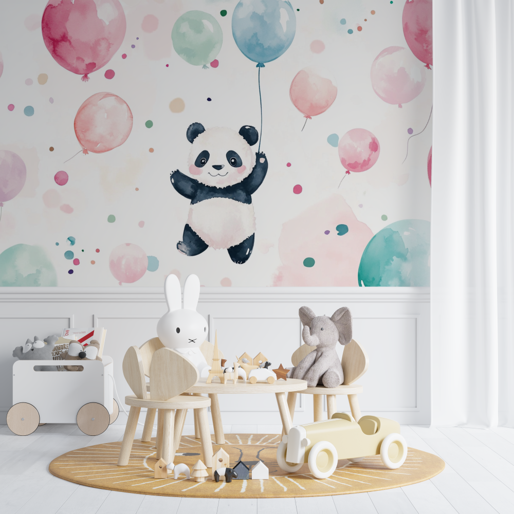 Papier peint panda et ballons colores chambre de bebe