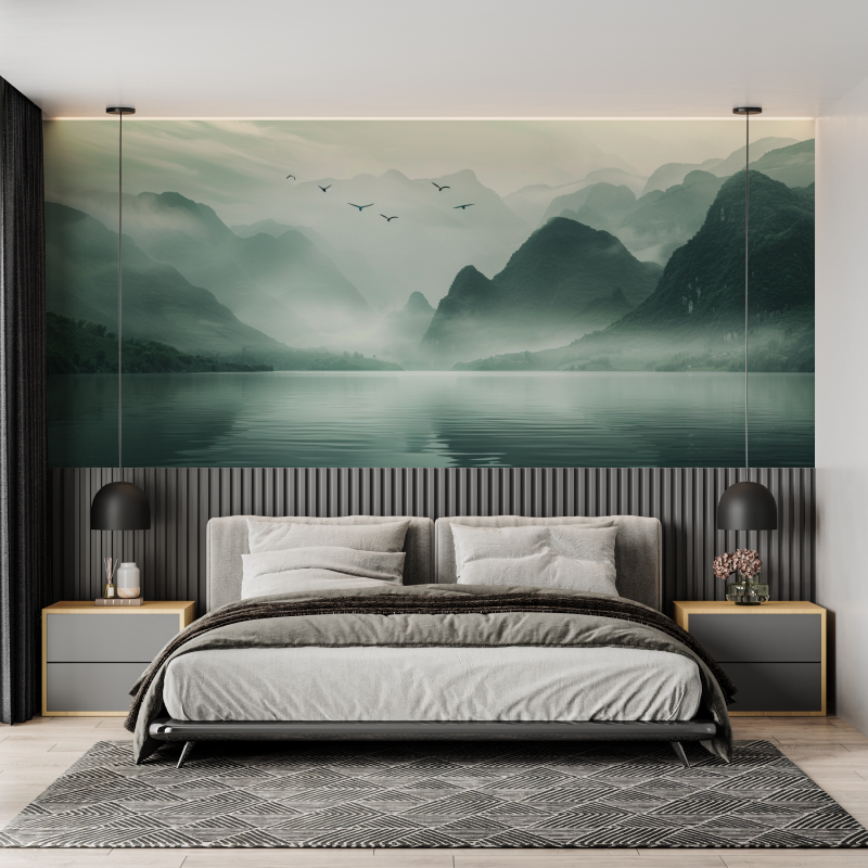 Papier peint montagne et voile sur le lac mural adulte