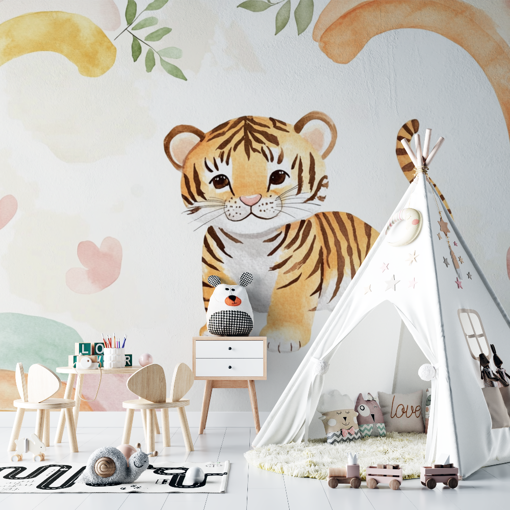 Papier peint tigre et arcs en ciel pastel chambre bebe
