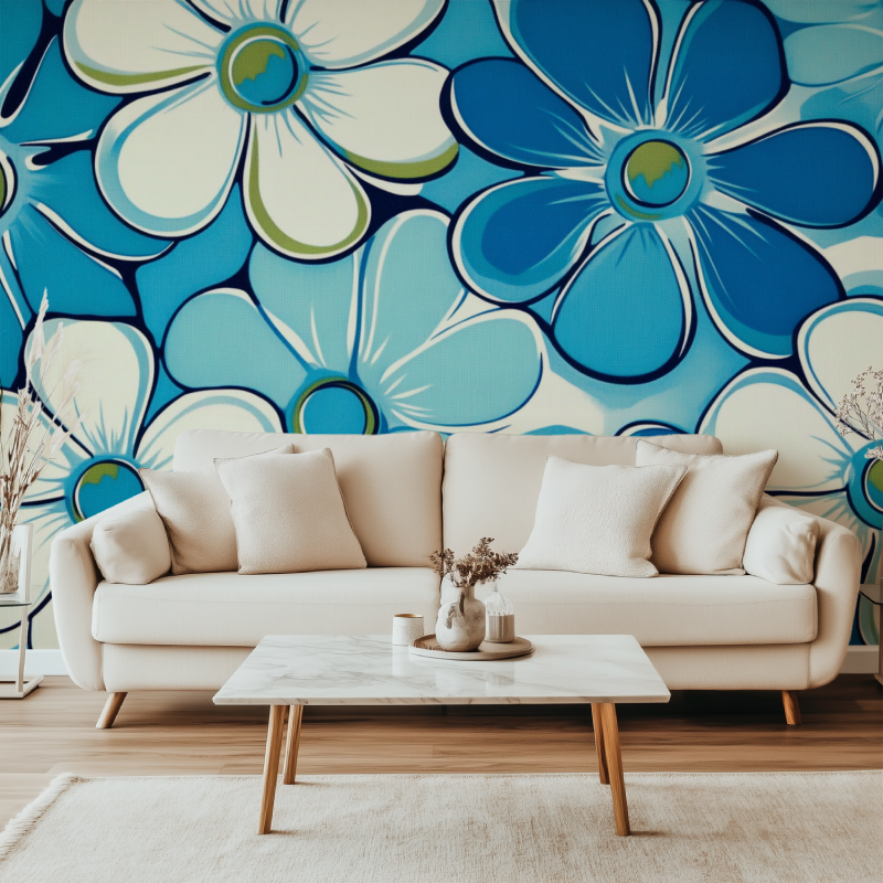 Papier peint fleur vintage bleu hippy canape simple