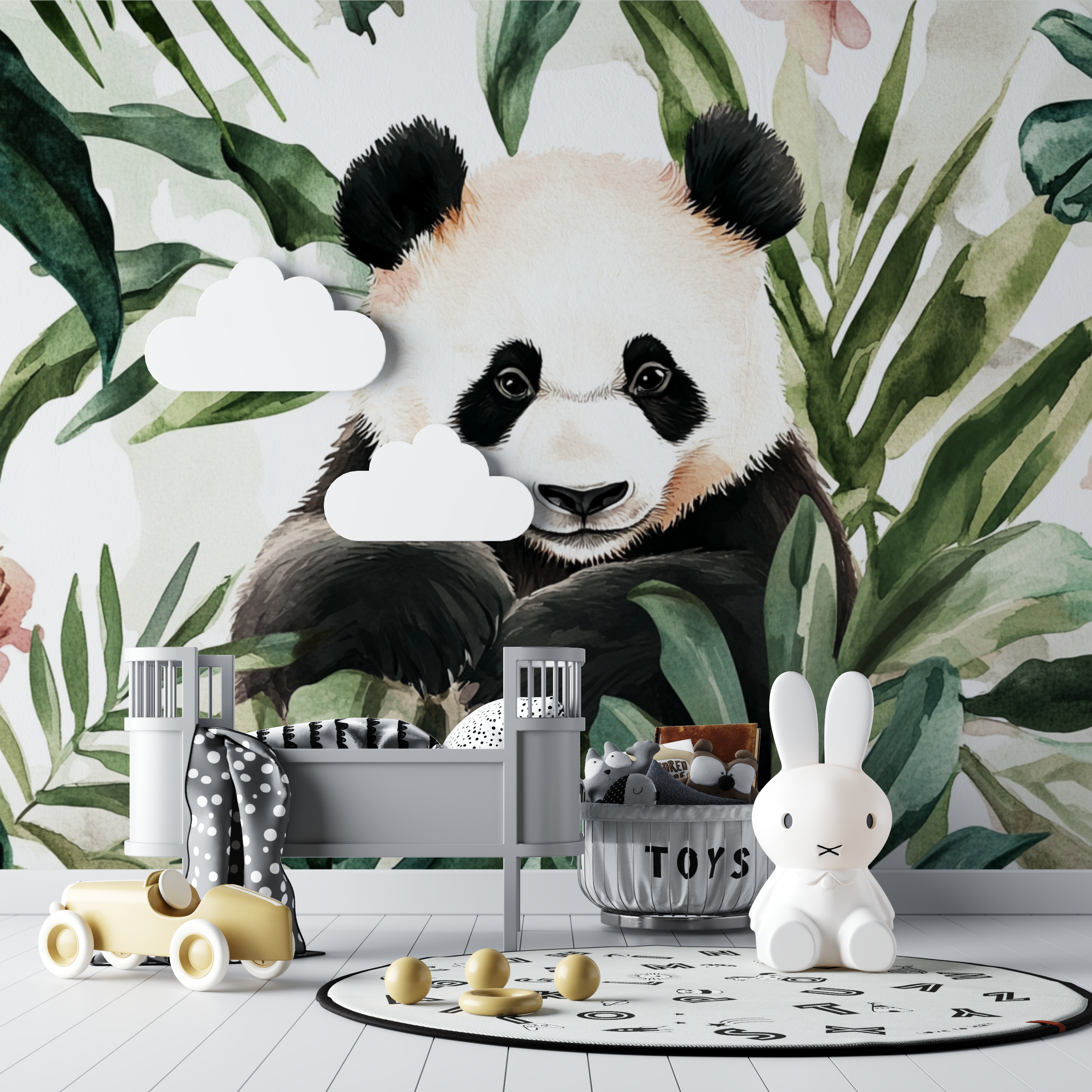 Papier peint panda et feuillage tropical bebe tipi
