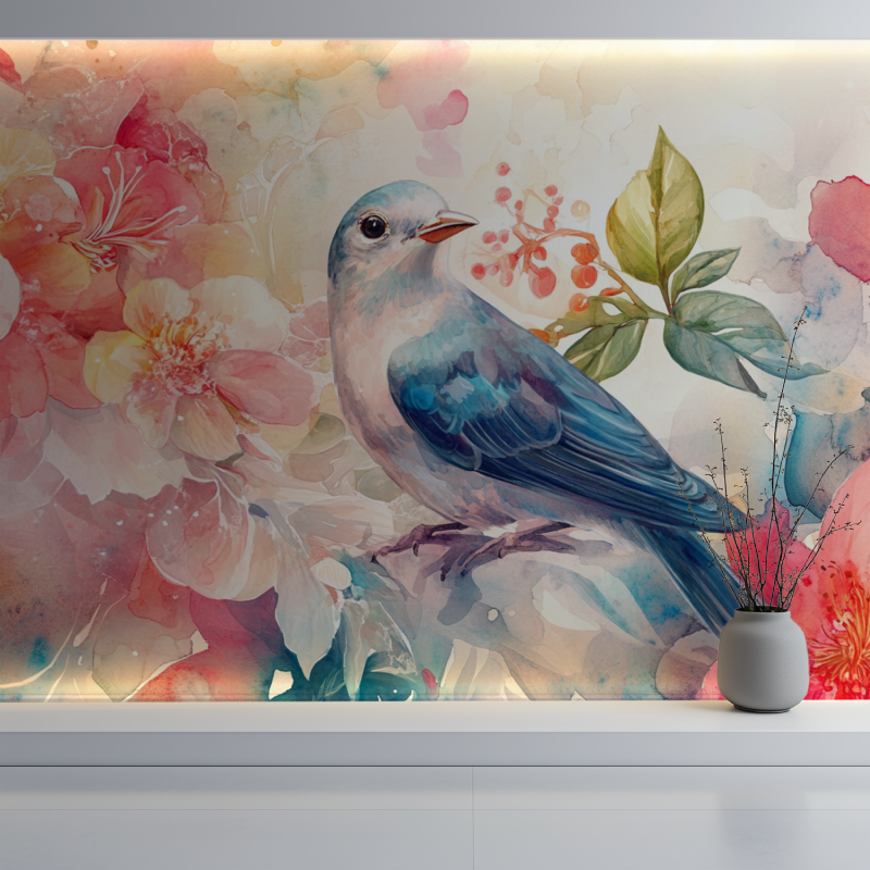 Papier peint fleur oiseau mur blanc