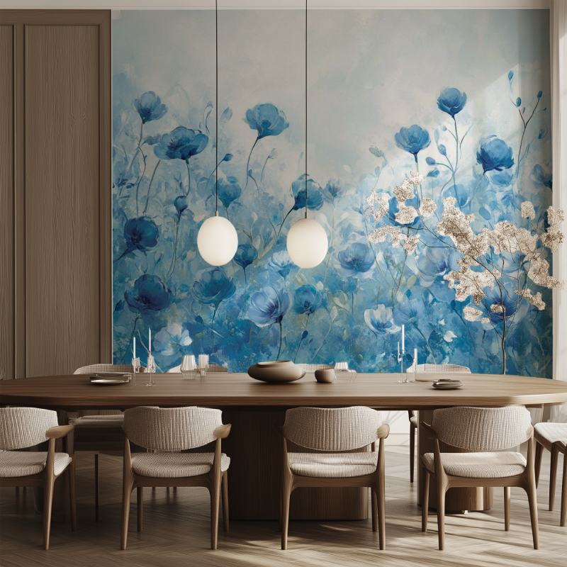 Papier peint fleur bleue salle manger tendance