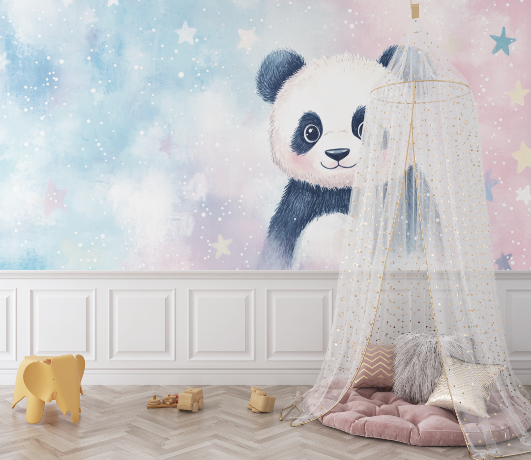 Papier peint panda et etoiles filantes bebe