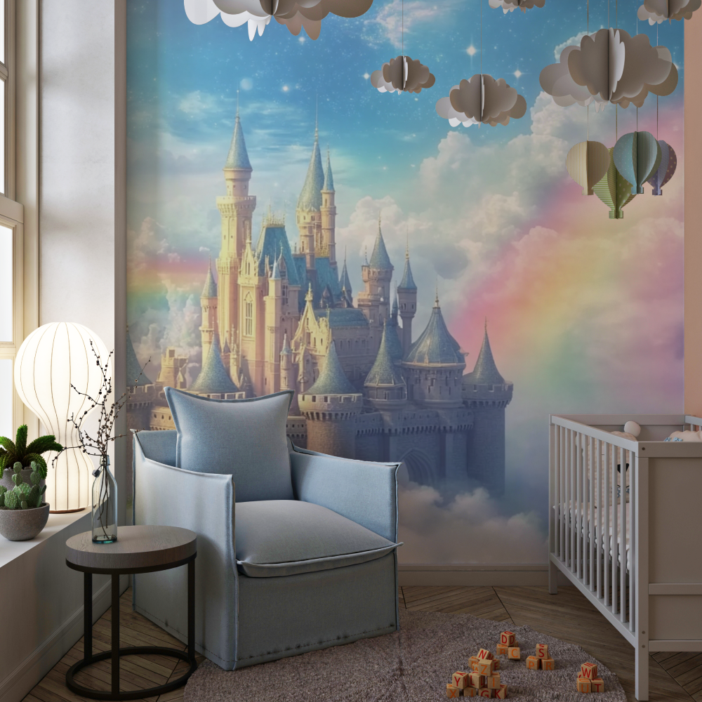 Papier peint princesse chateau et nuage chambre de fille