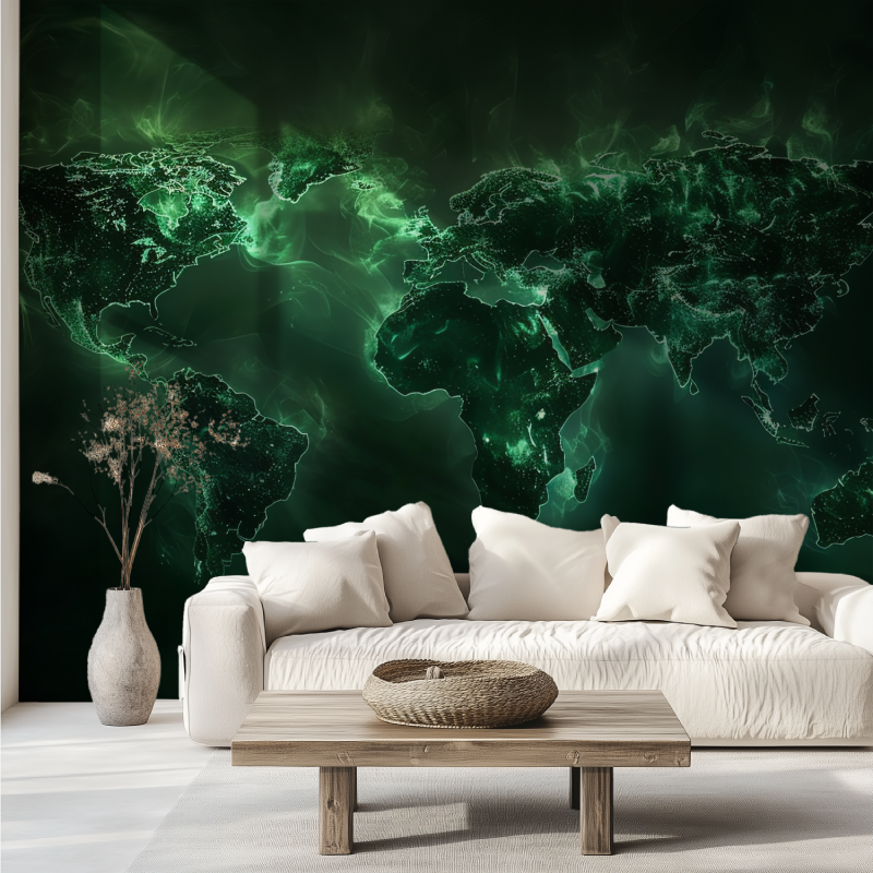Papier peint carte du monde verte design canape tendance