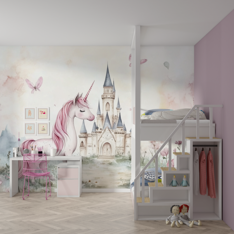 Papier peint licorne chateau pr... licorne mur chambre fille