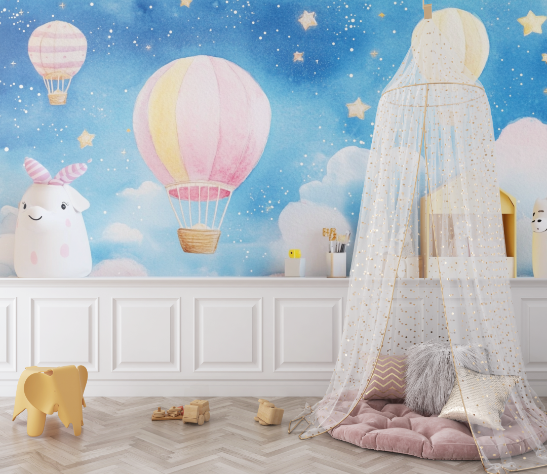 Papier peint montgolfiere et etoiles scintillantes bebe