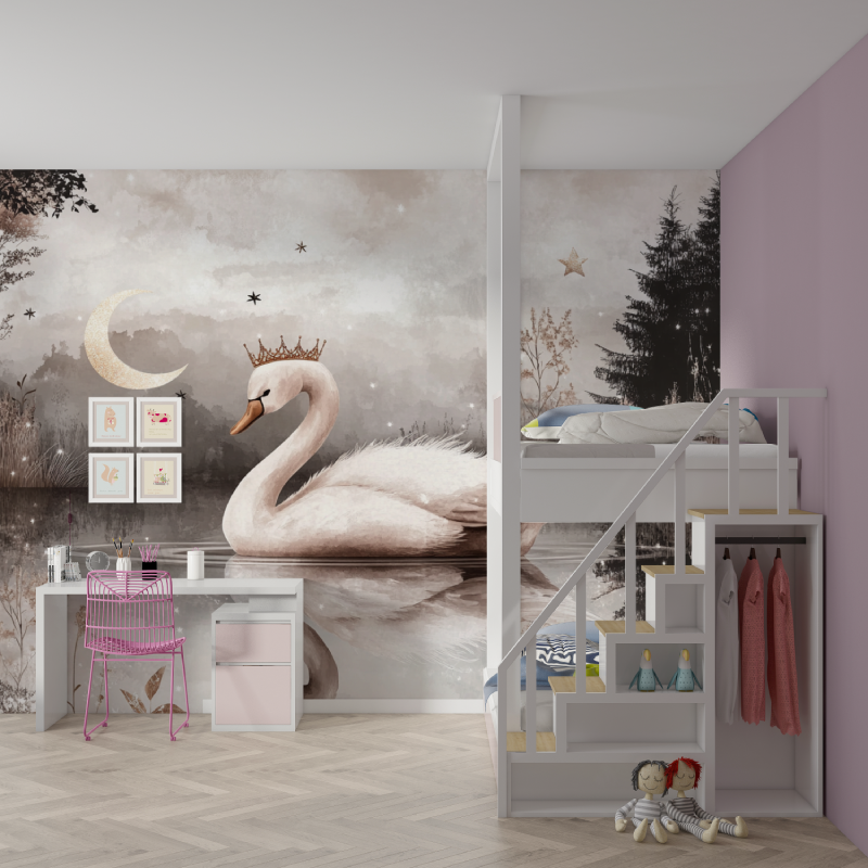 Papier peint princesse cygne rose gris mur chambre fille