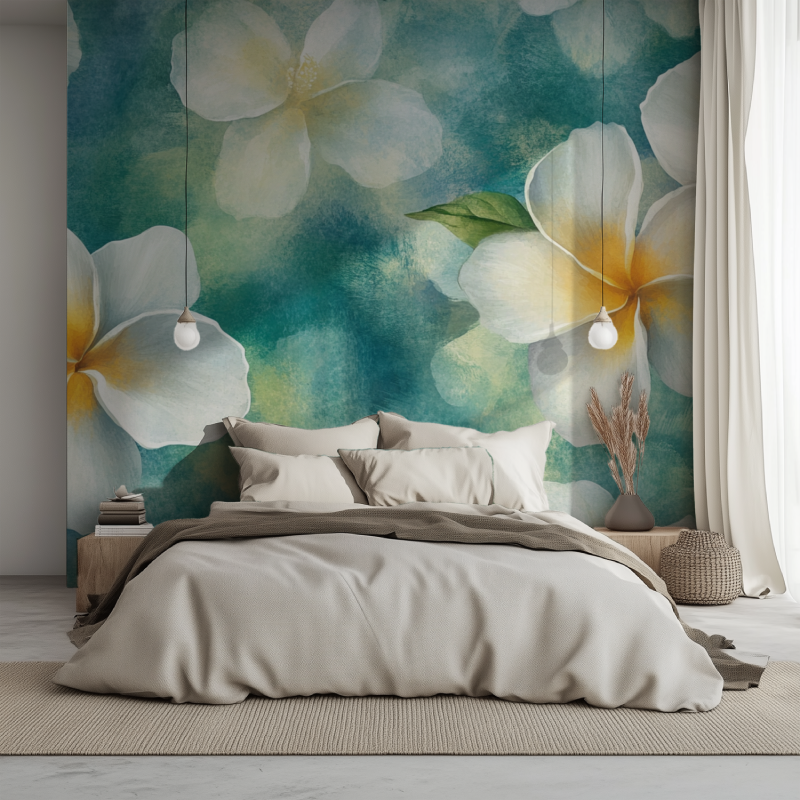 Papier peint fleur frangipanier blanc jaune lit 1234