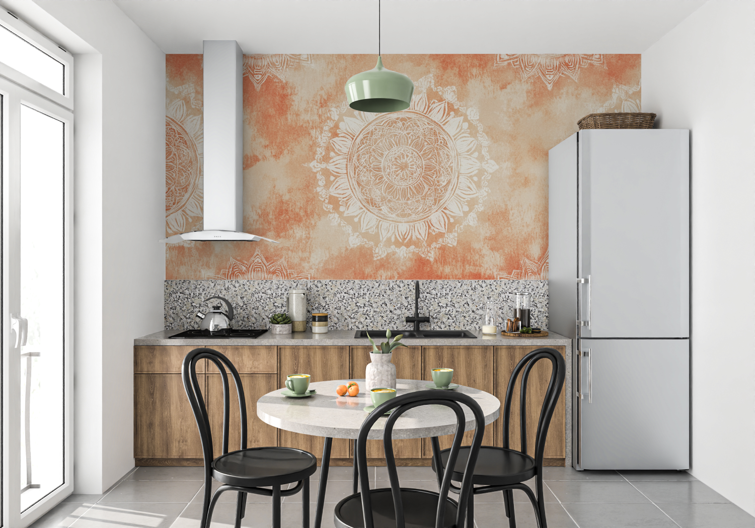 Papier peint terracotta boho chic mur cuisine