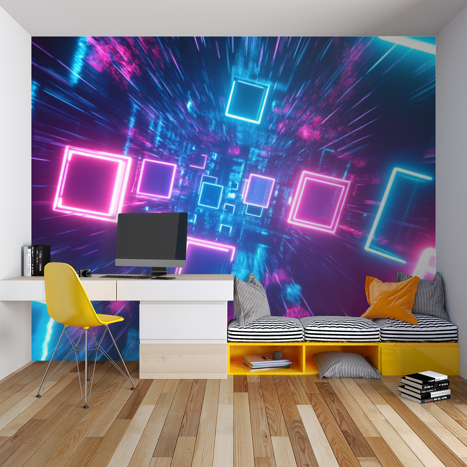 Papier peint carre neons chambre garcon lit