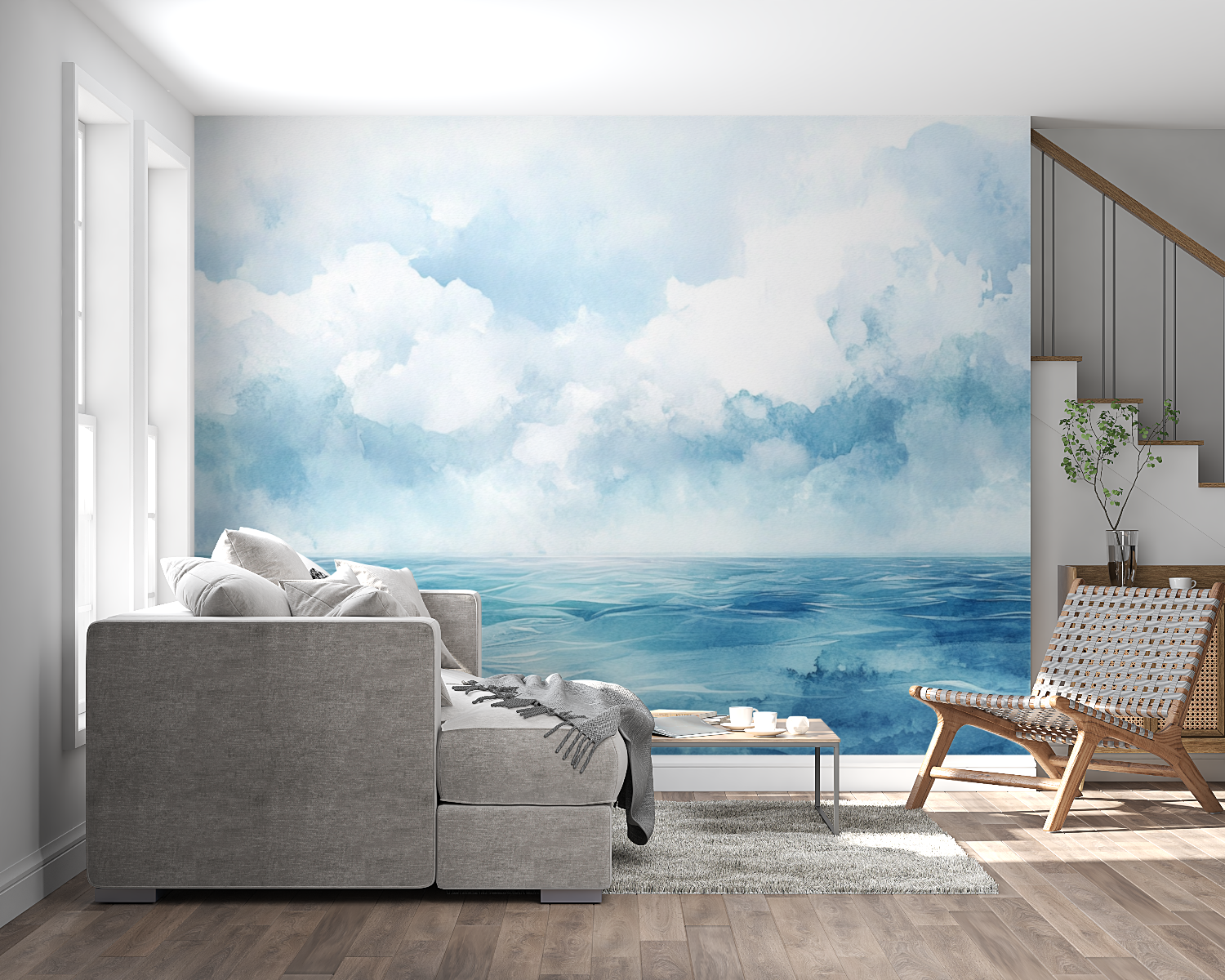 Papier peint aquarelle paysage marin panoramique mural
