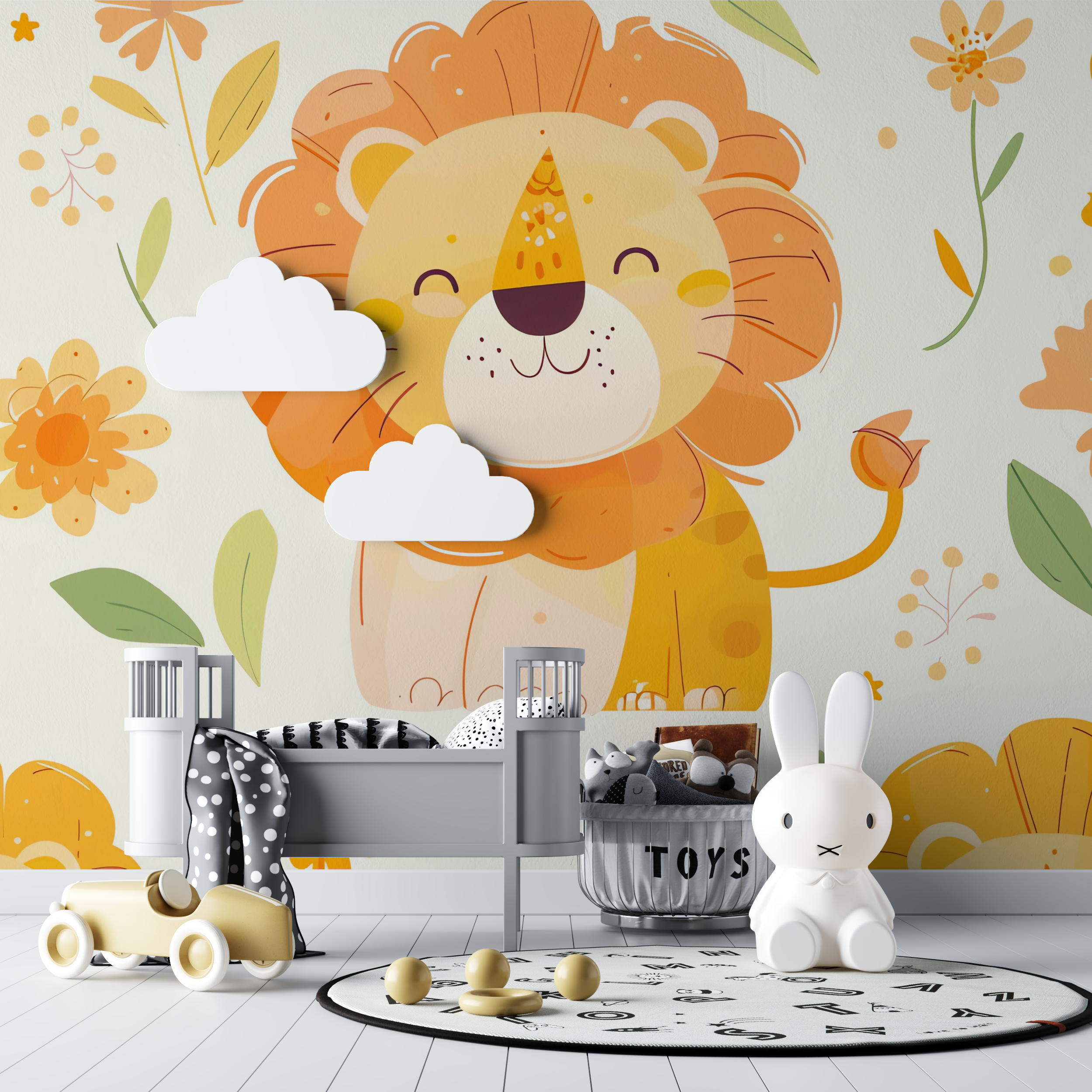 Papier peint lion et ambiance tropicale bebe tipi
