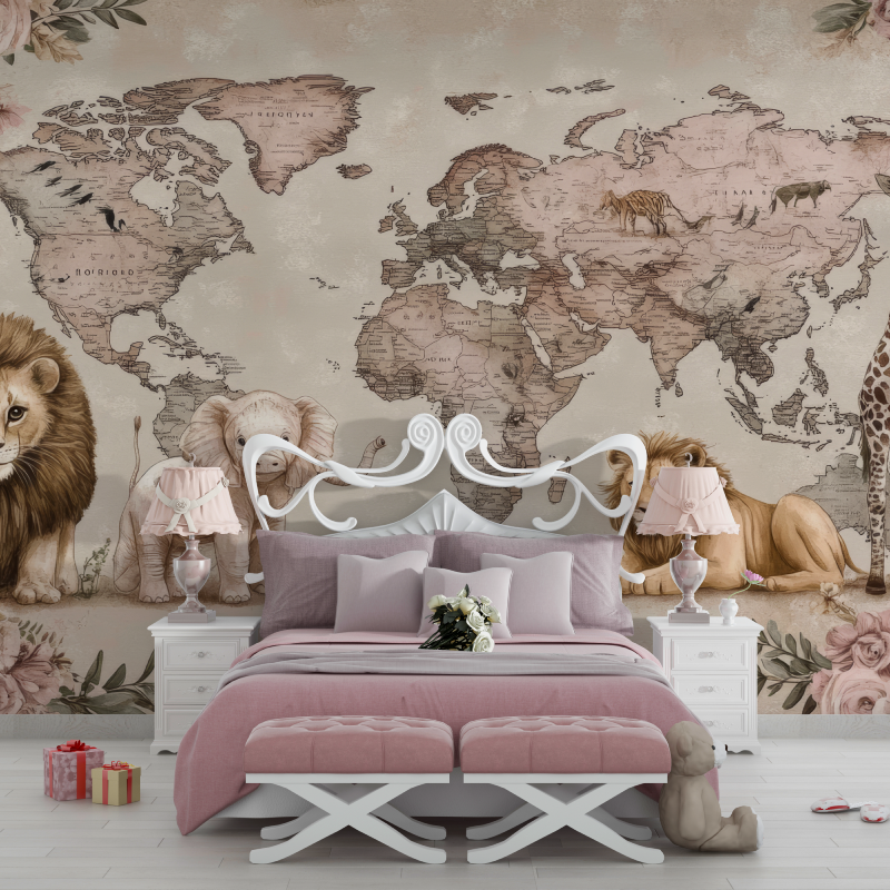 Papier peint carte du monde animaux rose chambre filles