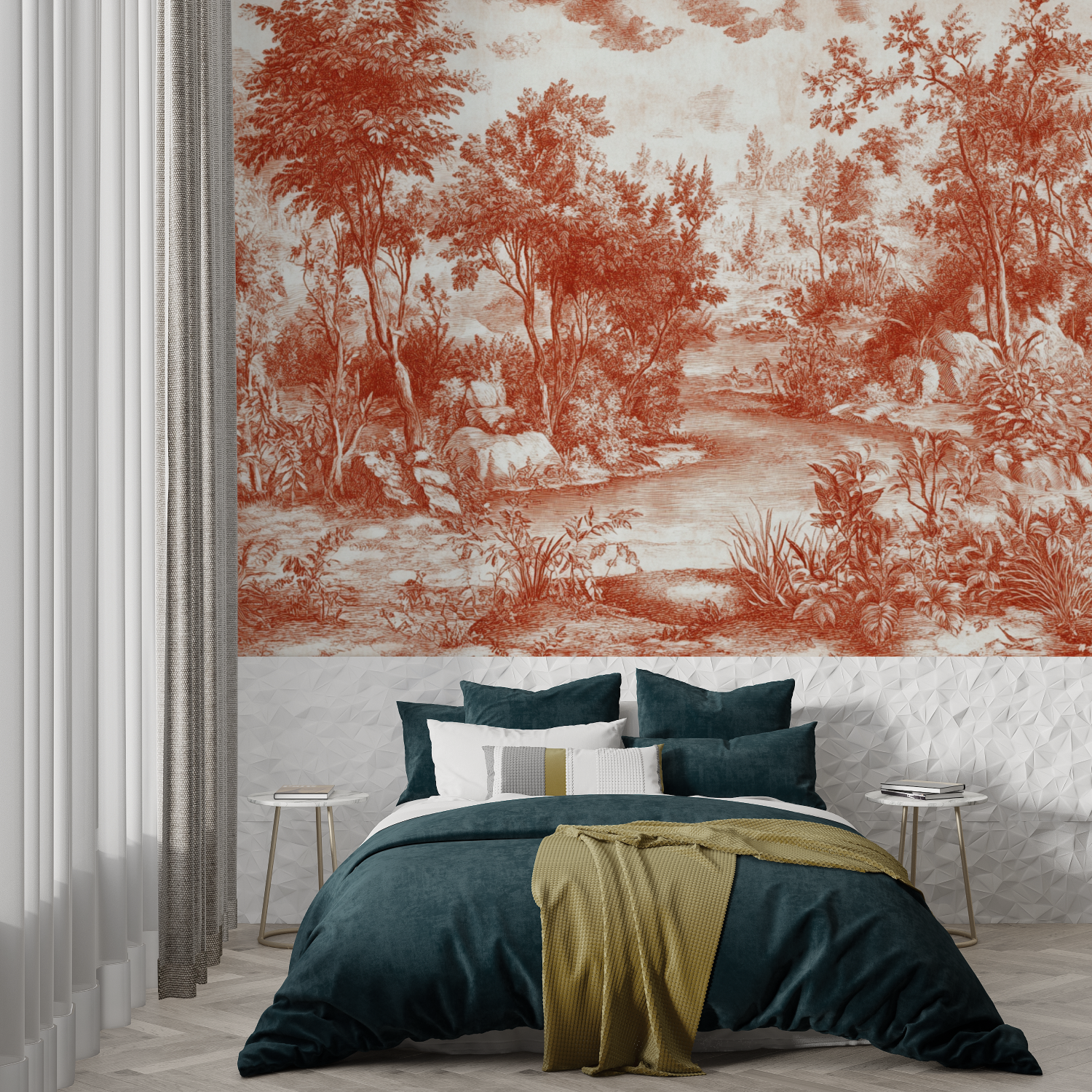 Papier peint terracotta chambre toile de jouy trompe loeil
