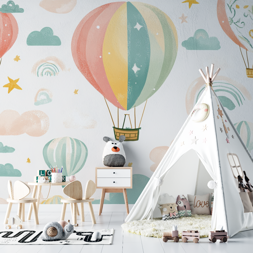 Papier peint montgolfiere et arc en ciel doux chambre bebe