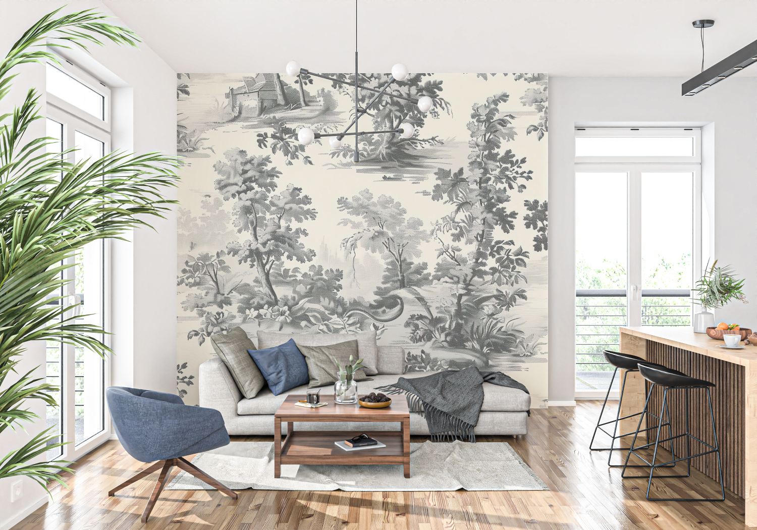 Papier Peint Toile De Jouy Arbuste - francais