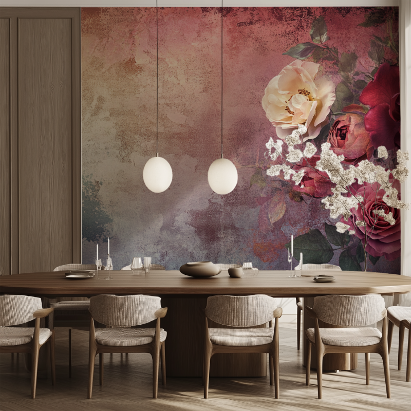 Papier peint vintage grosse fleurs salle manger tendance