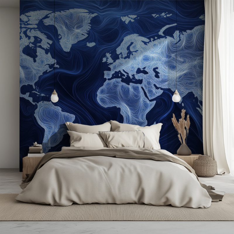 Papier peint carte du monde bleu design lit 1234