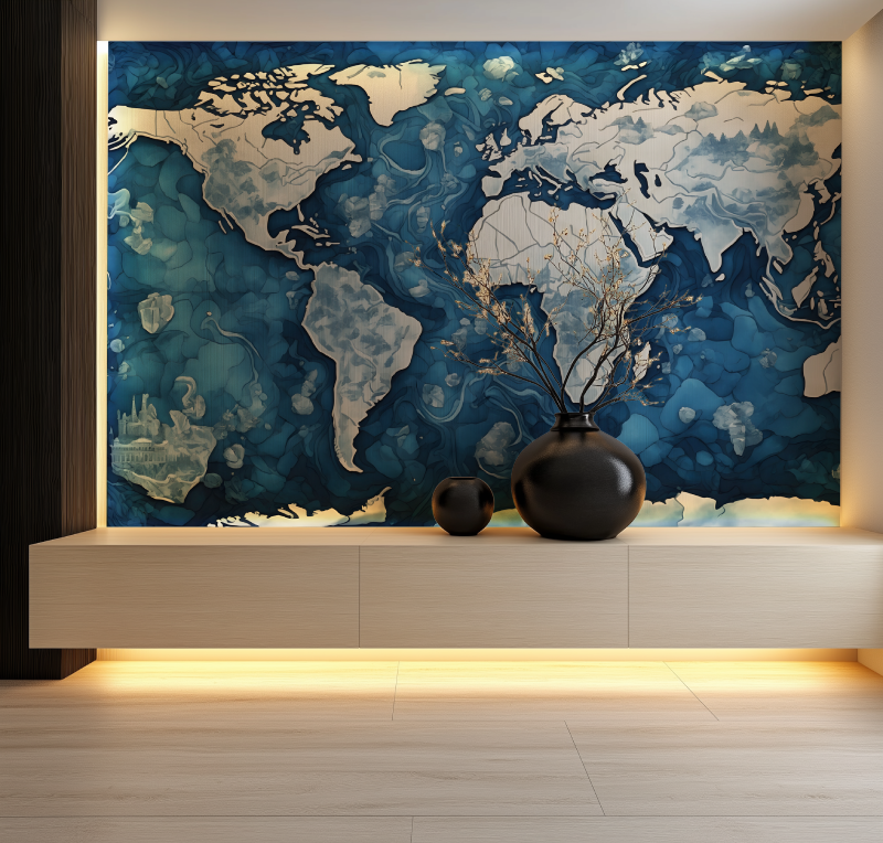 Papier peint carte du monde bleu artistique salon neon
