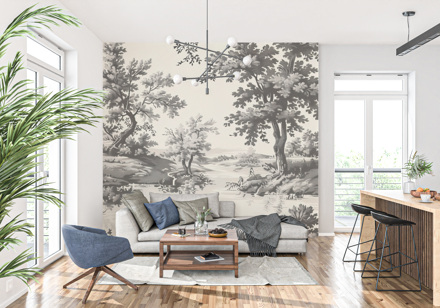 Papier Peint Toile De Jouy Gris Et Blanc - trompe l'oeil