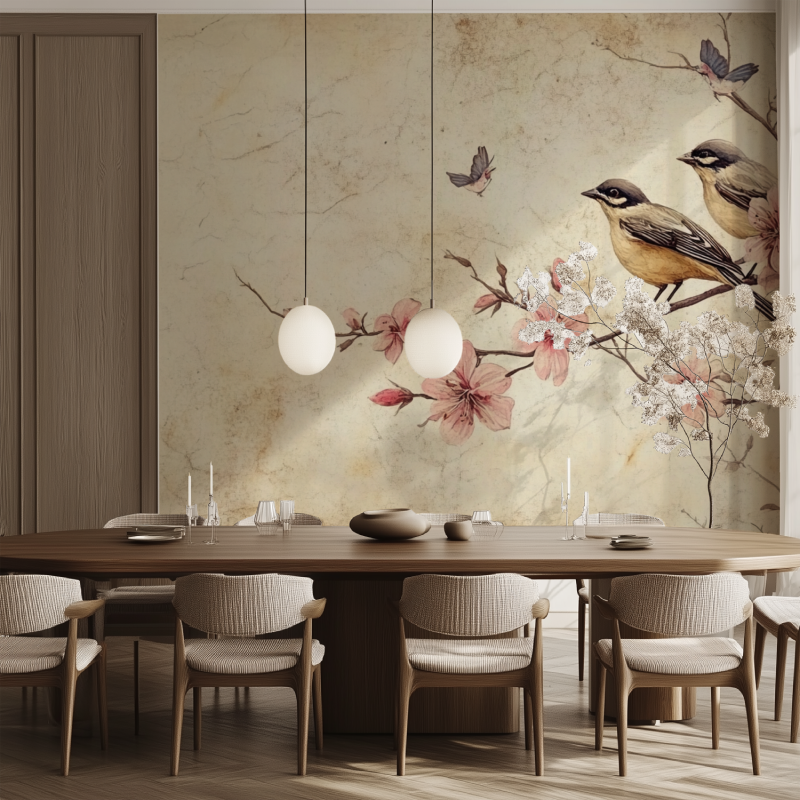 Papier peint vintage fleur et oiseau salle manger tendance