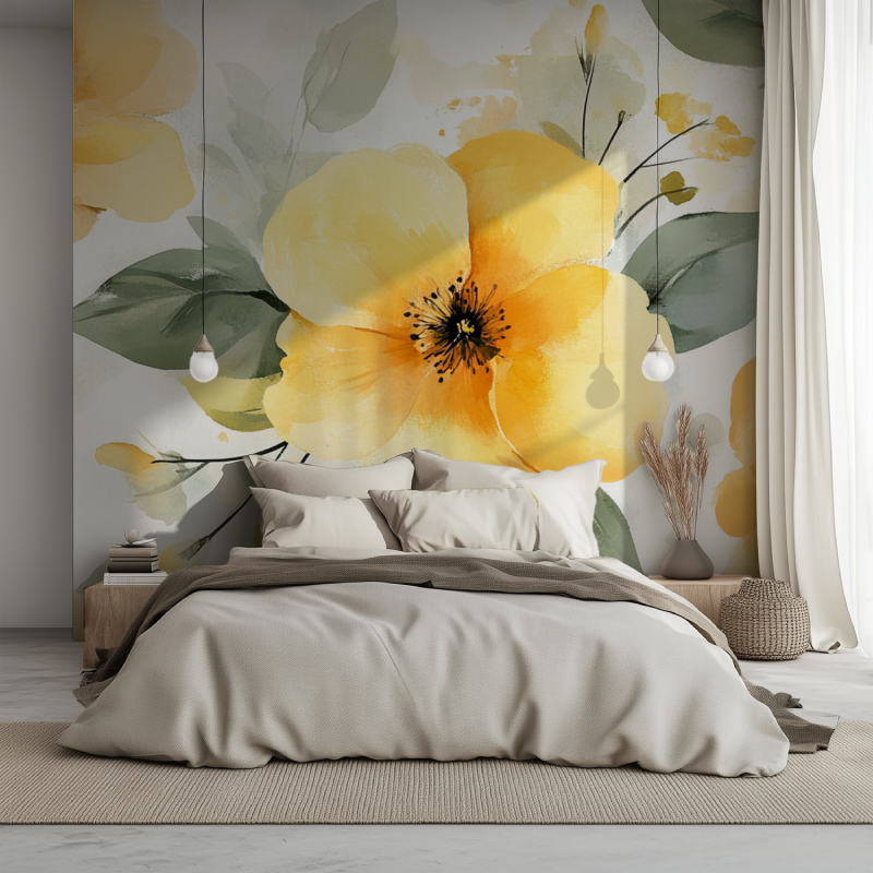 Papier peint fleur jaunes lit 1234