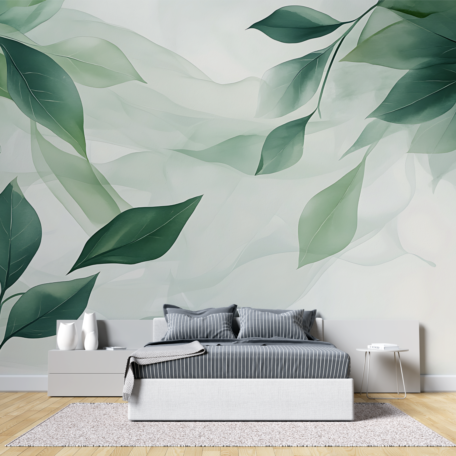 Papier peint aquarelle feuilles vertes tete de lit