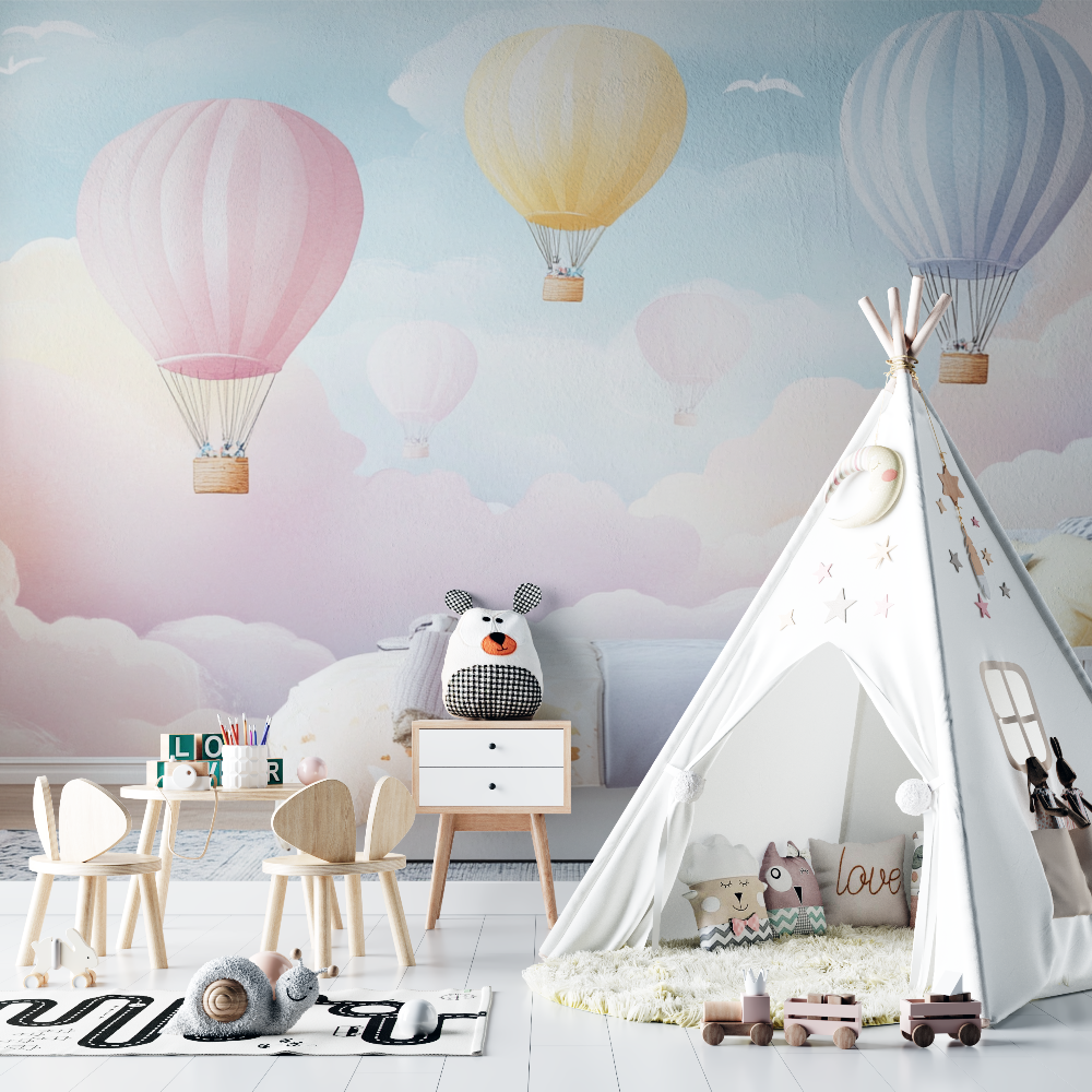 Papier peint montgolfiere et ciel de crepuscule chambre bebe