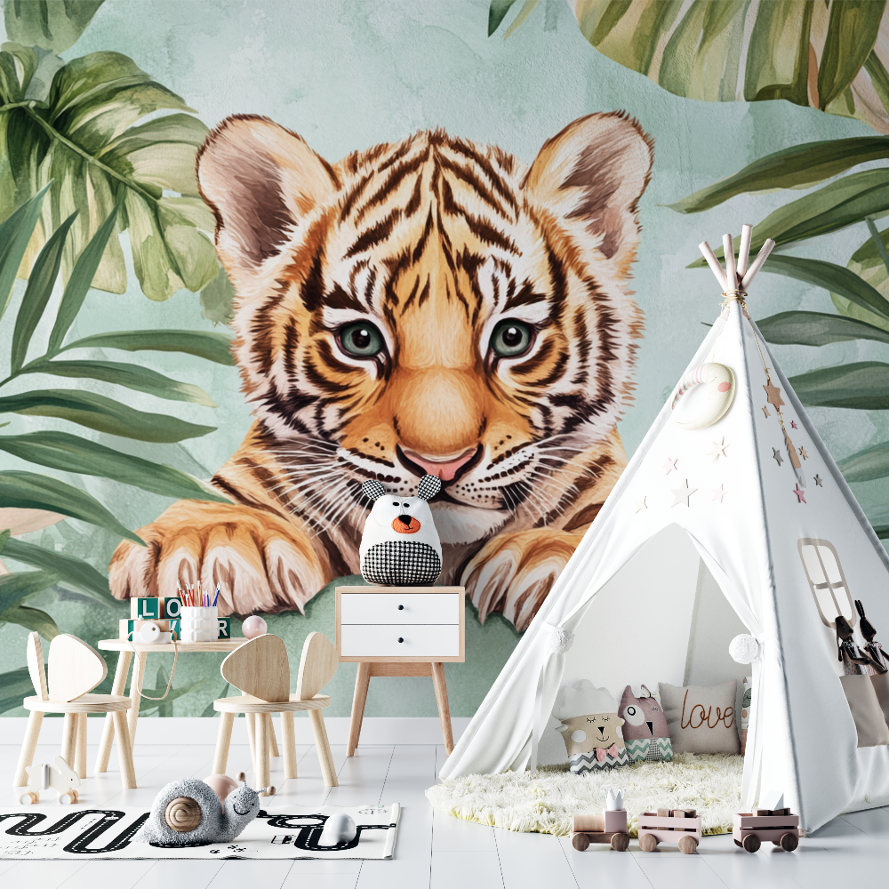 Papier peint tigre et feuillage tropical chambre bebe