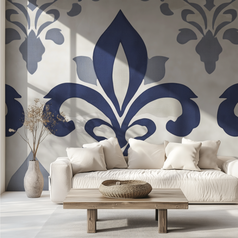Papier peint fleur de lys bleu gris canape tendance