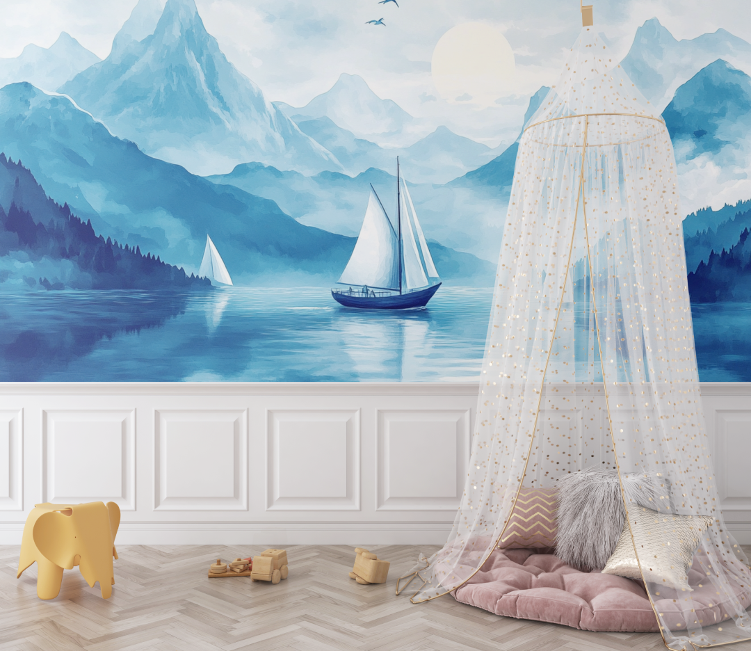 Papier peint marin voilier et montagne bebe