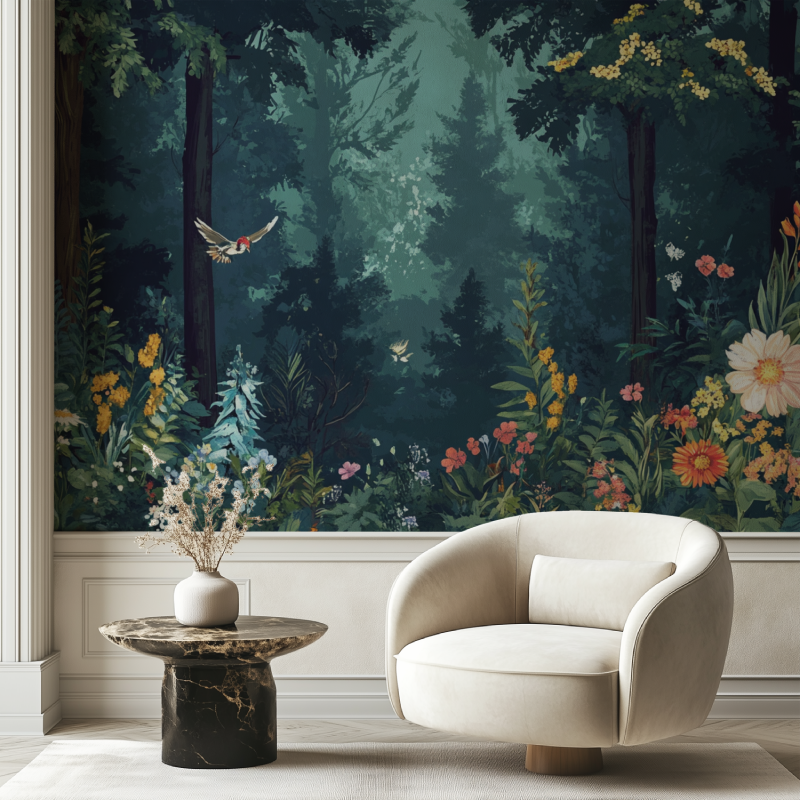 Papier peint fleur et animaux foret chaise tendance