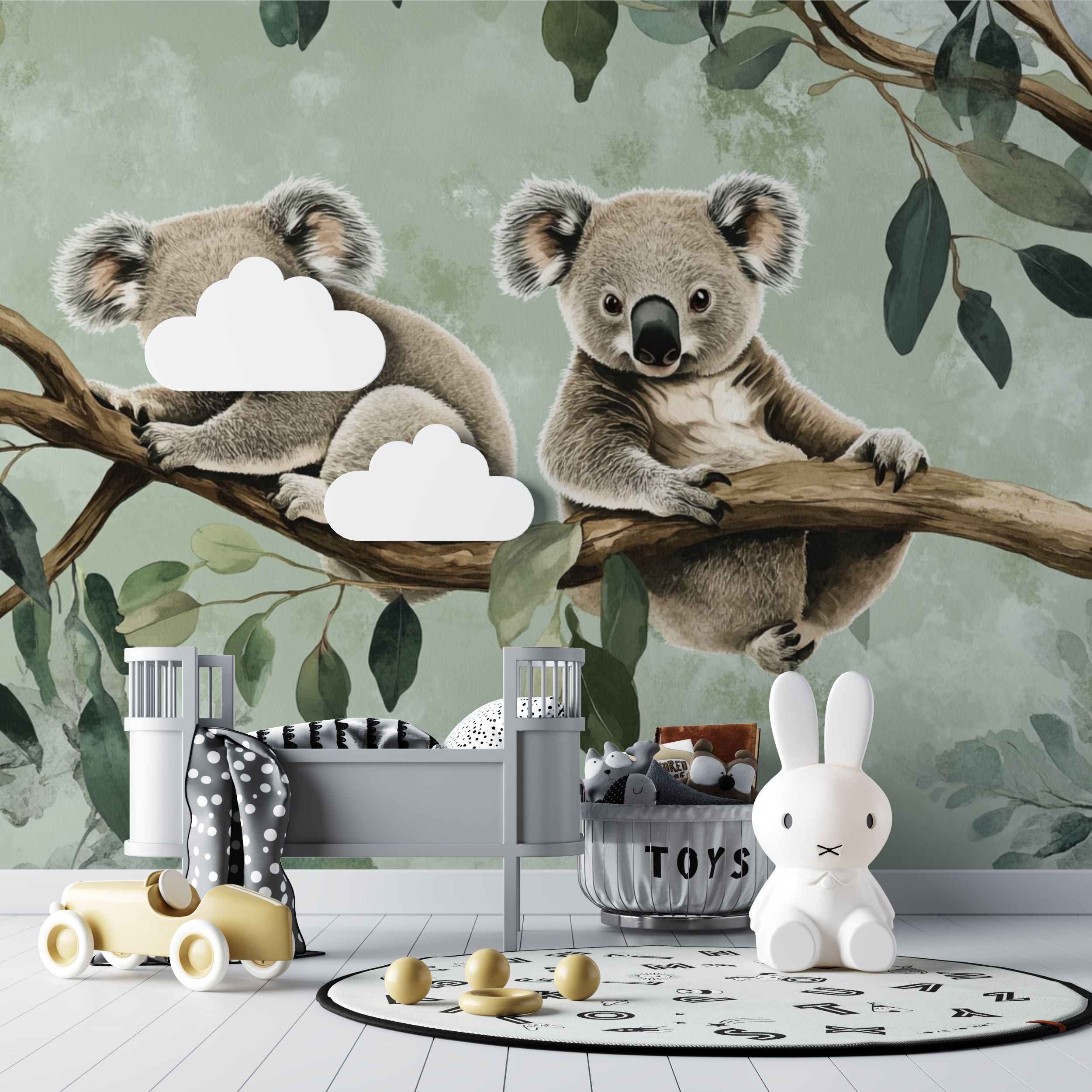 Papier peint koala et ombres vegetales bebe tipi
