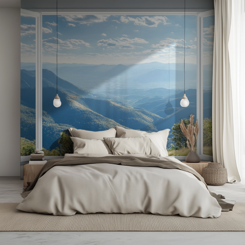 Papier peint panoramique trompe...l fenetre ouverte lit 1234