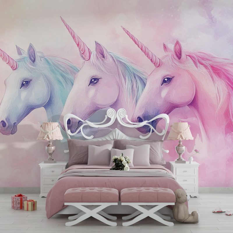 Papier peint licorne trio feerique chambre filles